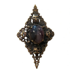 victorian goth antique gold color with gray stone brooch